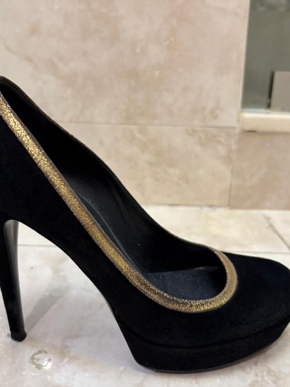 Gucci Black Suede High Heel Pumps with Gold Trim